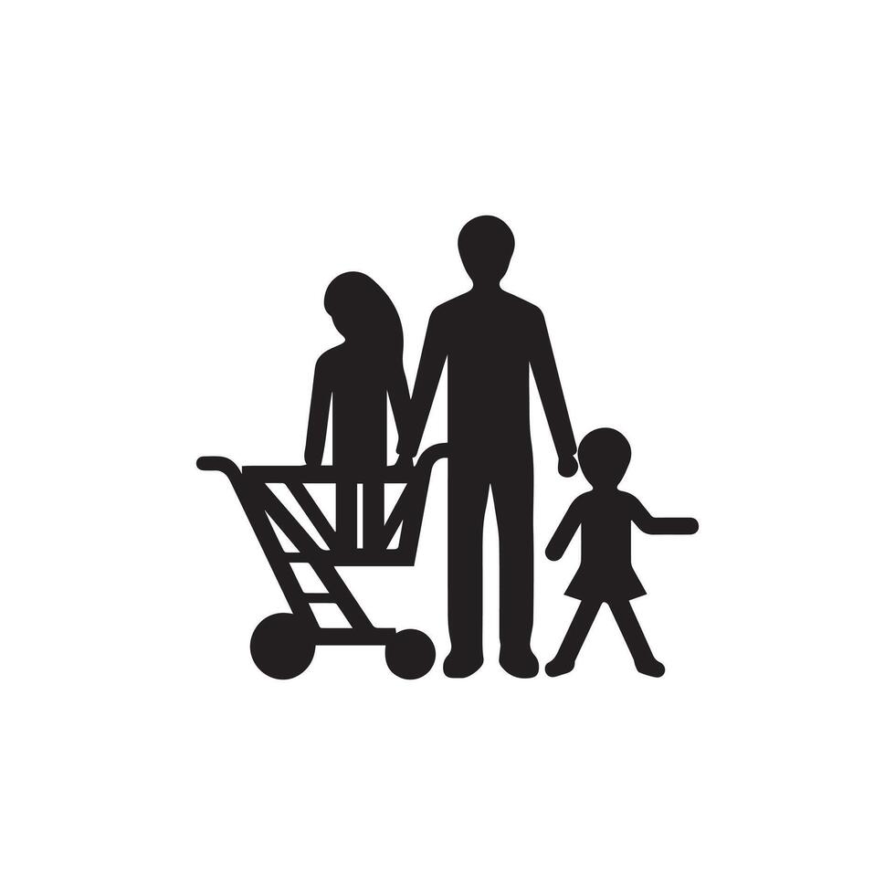 familia con compras. compras tarjeta icono. negro en blanco antecedentes. vector ilustración