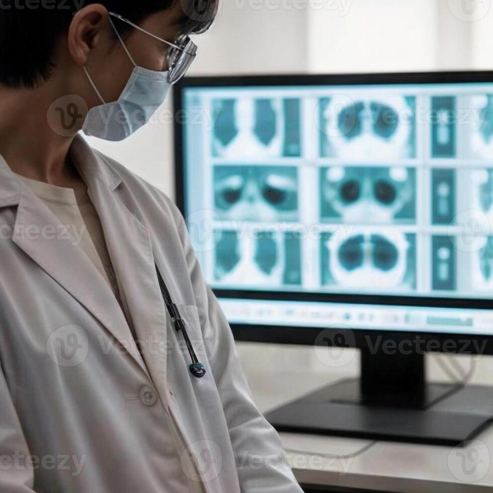 AI generated A doctor in a white coat sits in front of a computer screen displaying brain scans photo