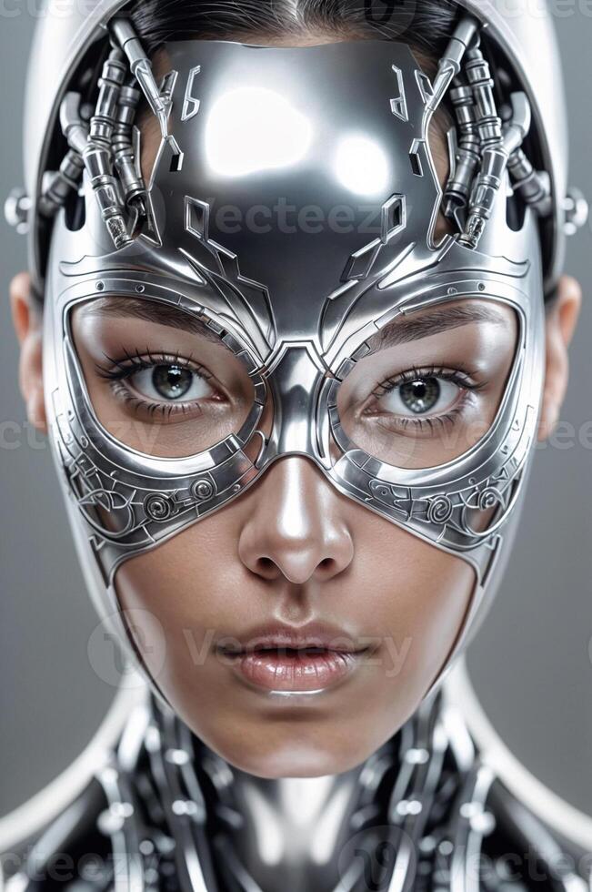 AI generated Poster image of a woman in a silver cyborg outfit. photo