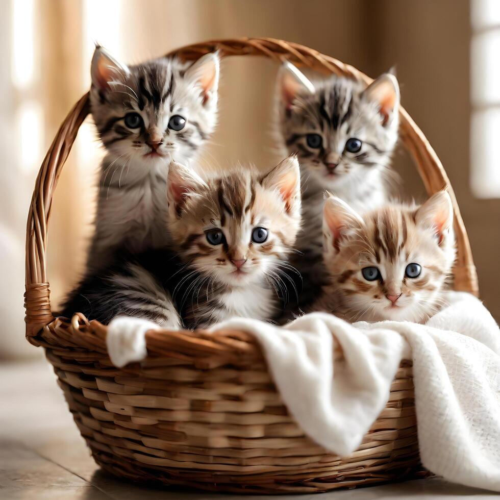 AI generated a wicker basket filled with adorable kittens bathed in soft natural light capturing. ai generative photo