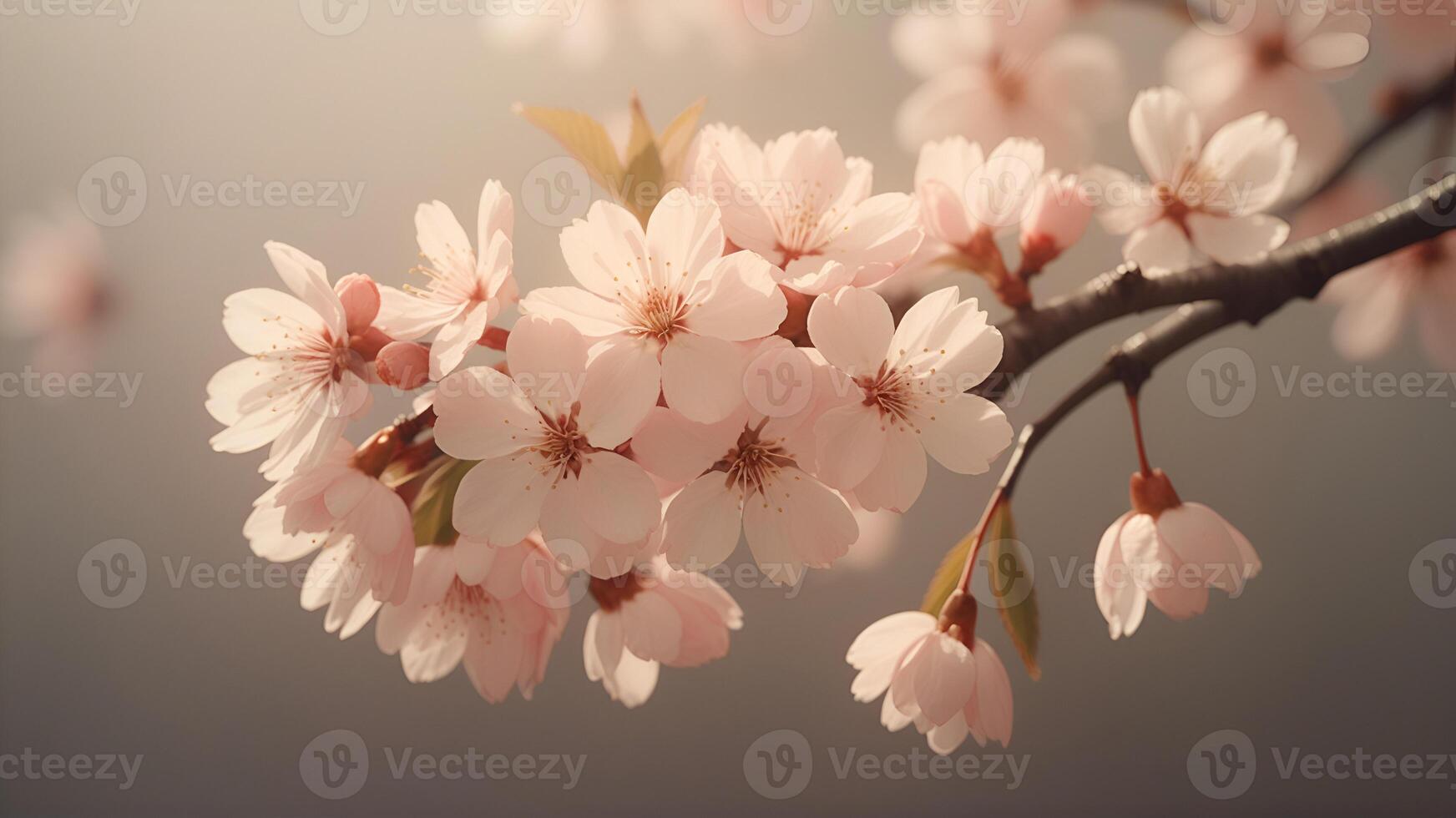 ai generado un de cerca Disparo de un Cereza florecer rama en lleno floración, con suave pétalos delicadamente iluminado por el Mañana Dom foto