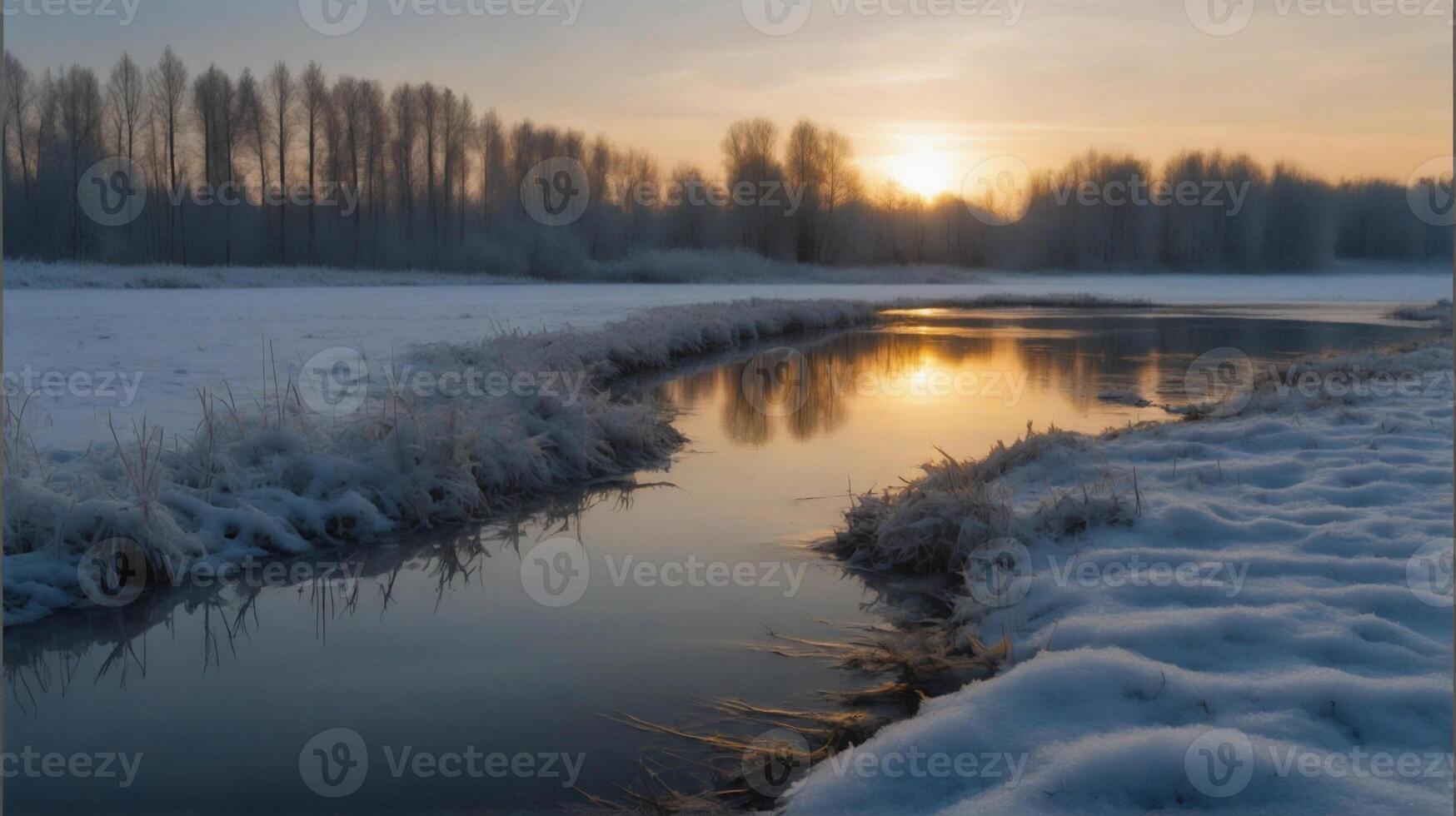 ai generado paisaje invierno bosque y colinas con reflexión en el agua, en puesta de sol foto