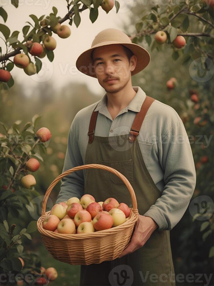 AI generated A gardener holding a basket filled with freshly picked apples, showcasing the bounty of spring harvests photo