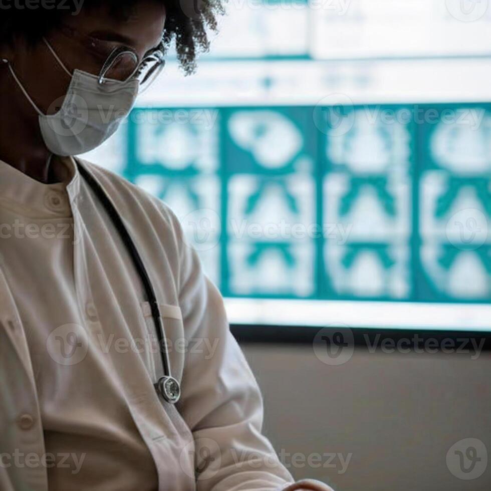 ai generado un médico en un blanco Saco se sienta en frente de un computadora pantalla mostrando cerebro escaneos foto