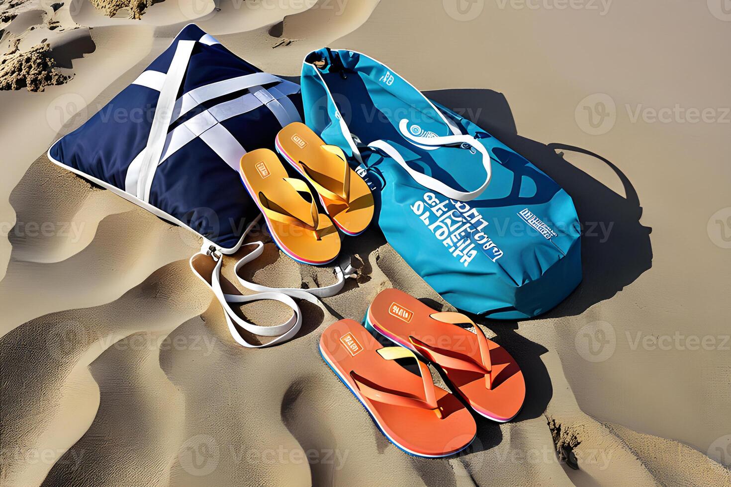 un par de chancletas y un playa bolso en arenoso costas, exhibiendo el anticipación y relajación de un día a el playa. ai generativo foto