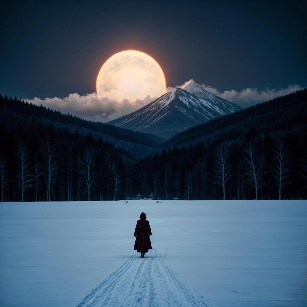 ai generado un persona en un largo Saco caminando en un a noche foto