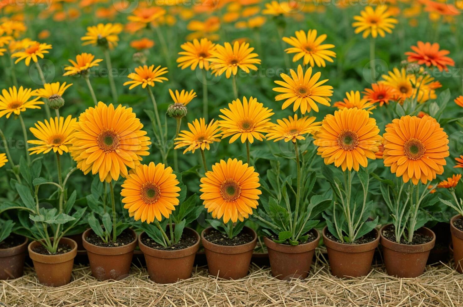 AI generated A row of potted orange and yellow gerbera daisies. ai generative photo