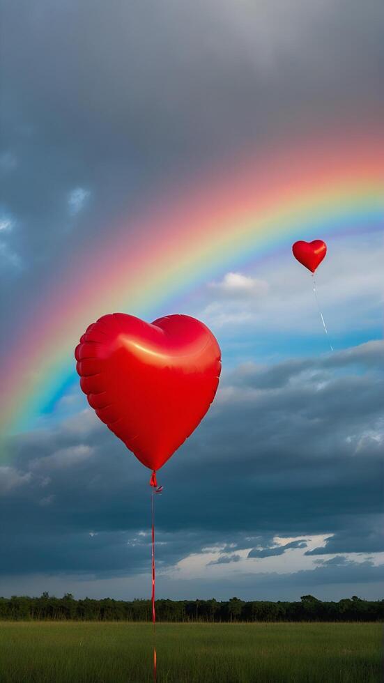 AI generated two heart-shaped balloons floating in a cloudy sky. ai generative photo