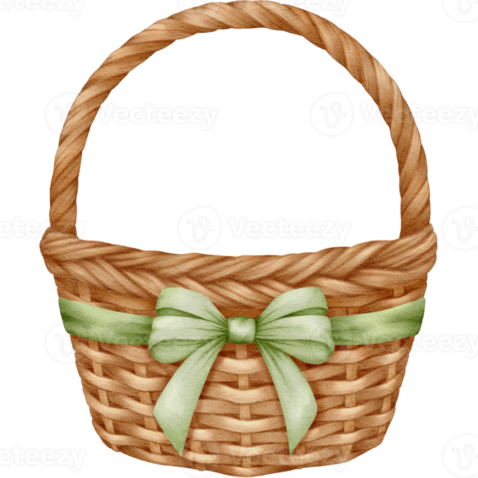 An Easter basket is depicted in this PNG clipart image, with a green ribbon tied around it.
