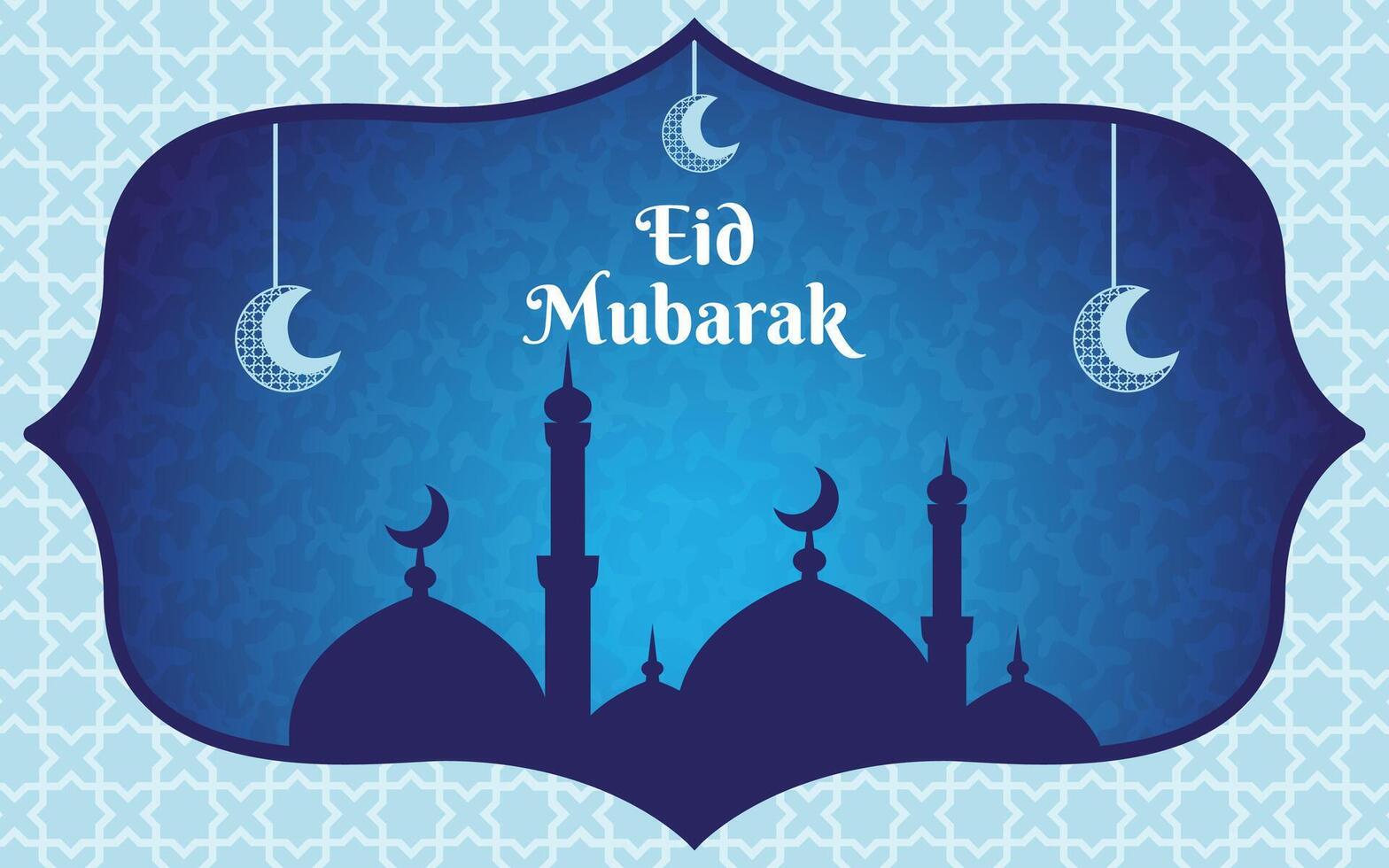 eid al fitr template banner with mosque silhouette and crescent moon hanging ornament, ramadan mubarak vector design