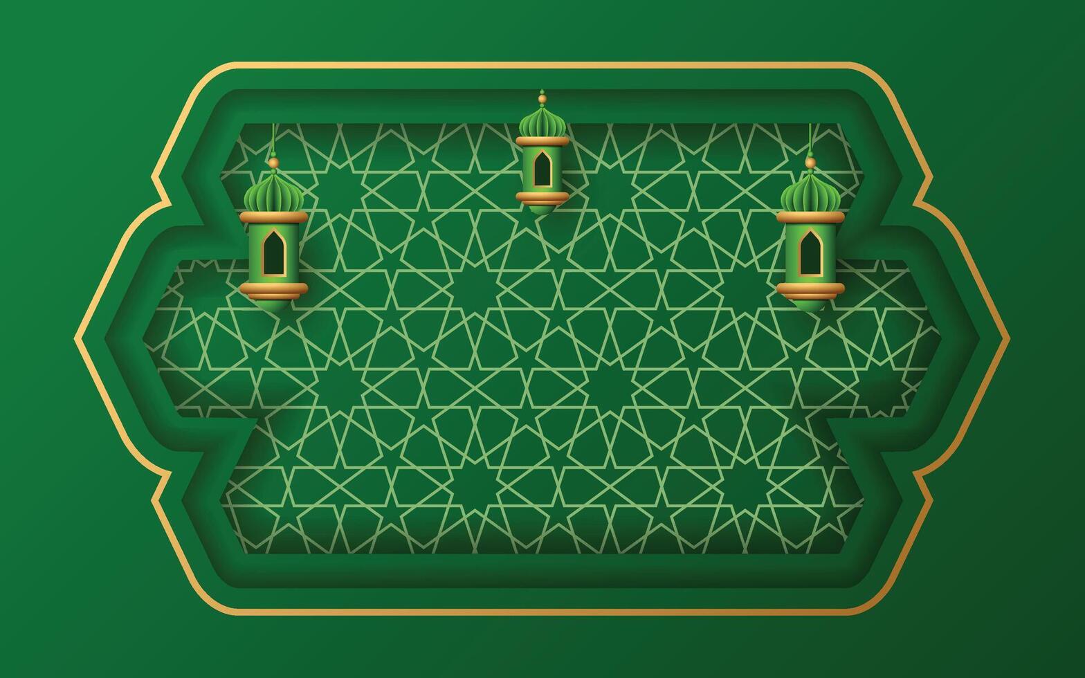 islamic border frame green color with lantern ornament and ramadan kareem pattern background vector