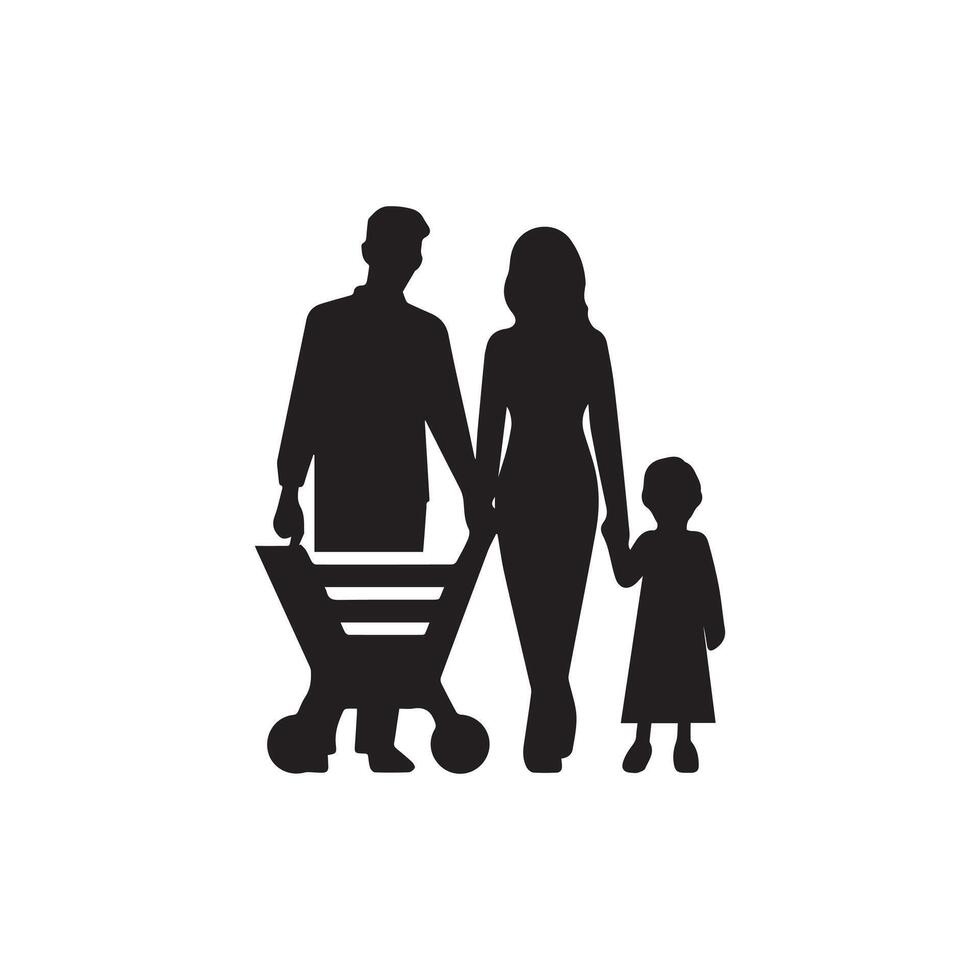 familia con compras. compras tarjeta icono. negro en blanco antecedentes. vector ilustración