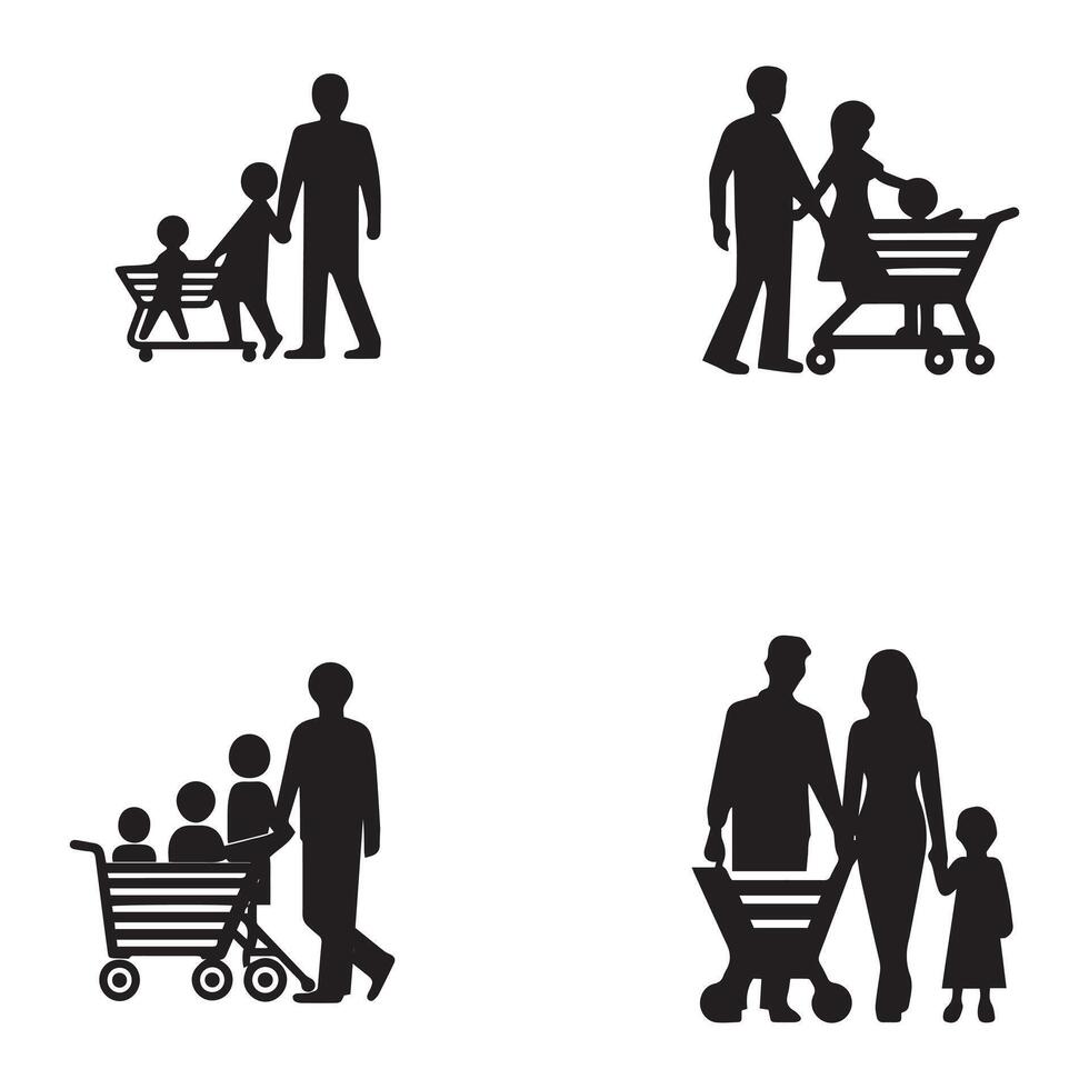 familia con compras. compras tarjeta icono. negro en blanco antecedentes. vector ilustración