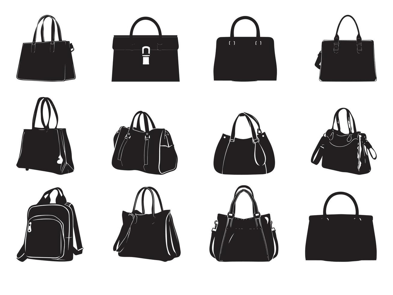 señoras bolso icono colocar. negro y blanco ilustración de mujer bolso vector