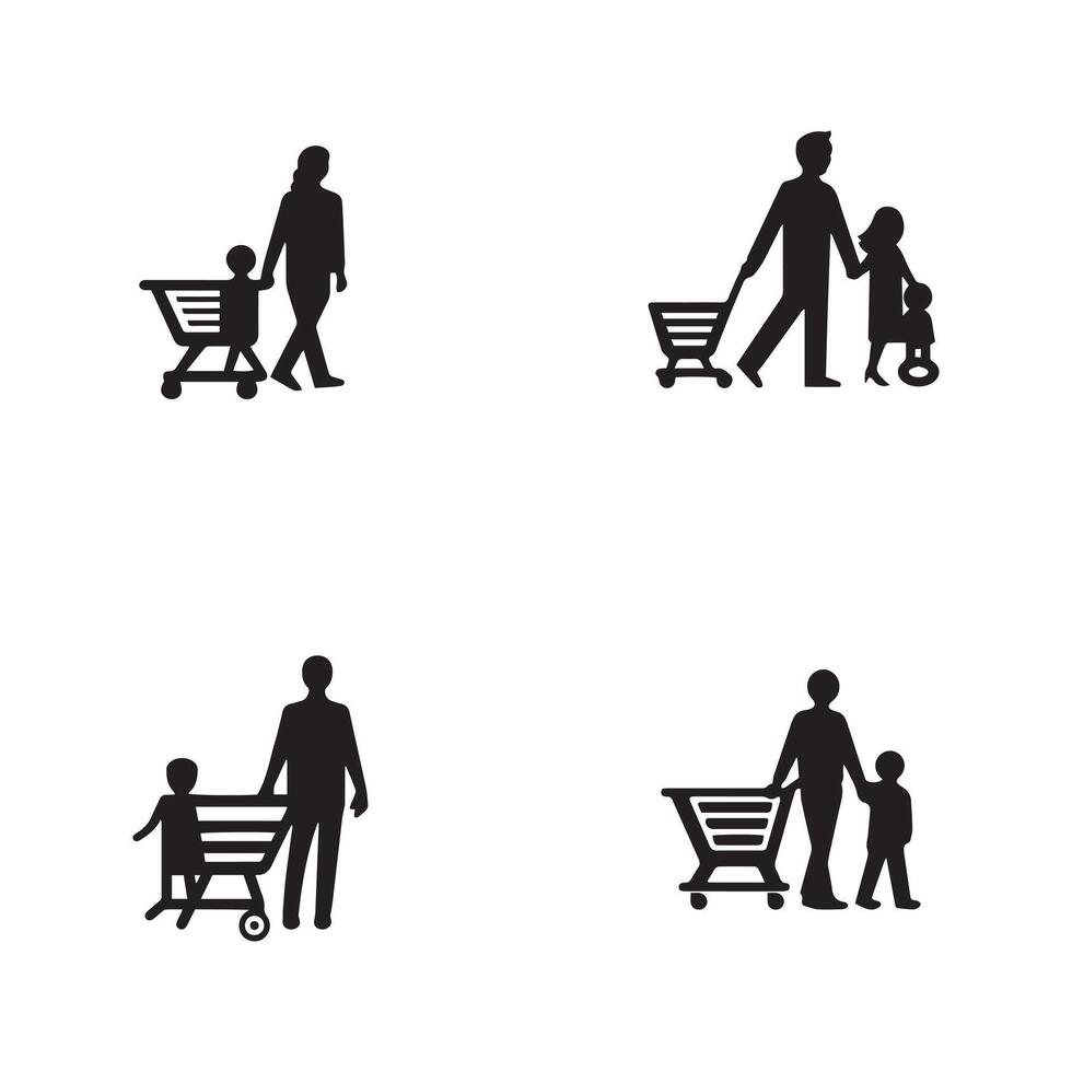 familia con compras. compras tarjeta icono. negro en blanco antecedentes. vector ilustración