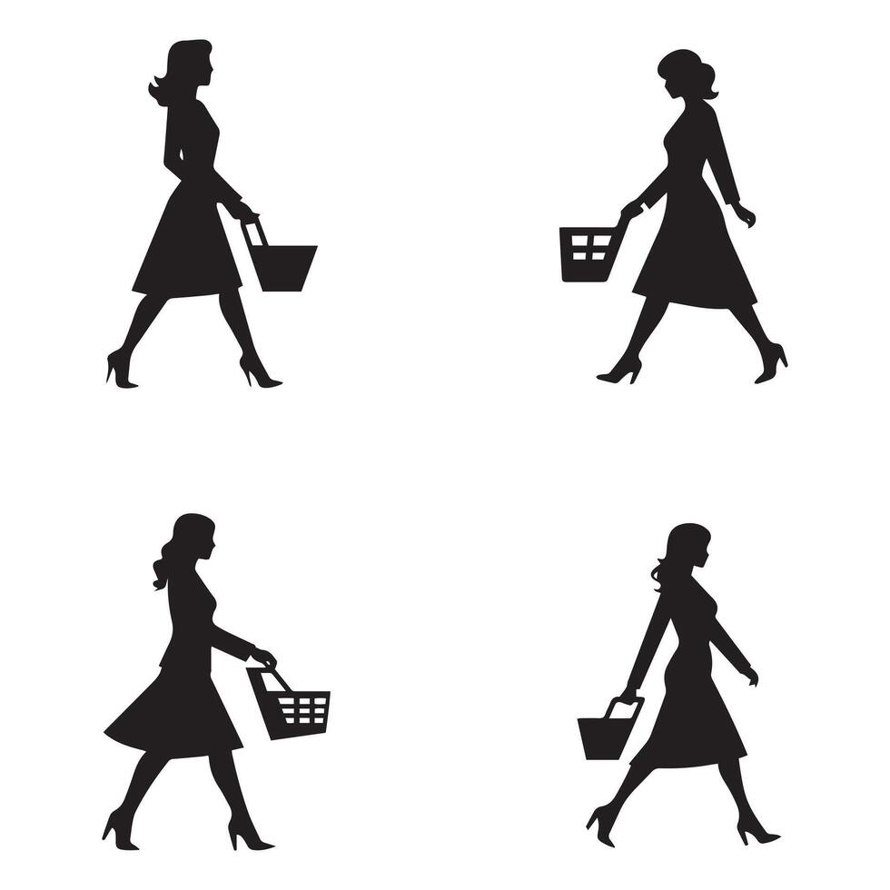 compras mujer silueta. negro vector ilustración aislado en blanco antecedentes.