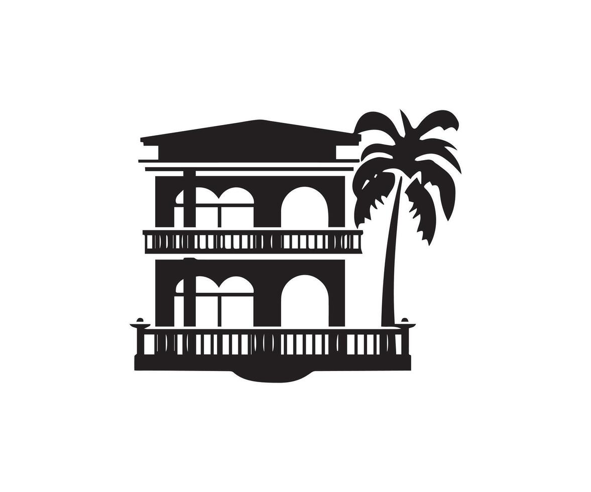 Palm tree and house icon on white background. Vector illustration.