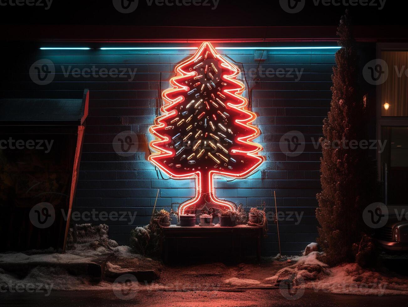 AI generated AI Generated neon Christmas tree light on the wall photo