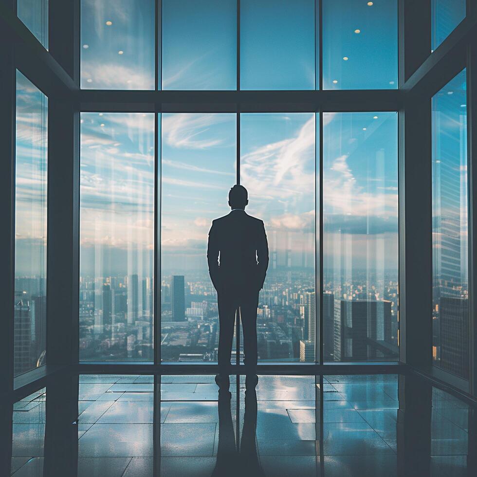 AI generated AI Generated businessman standing in office in front of a floor-to-ceiling glass window. photo