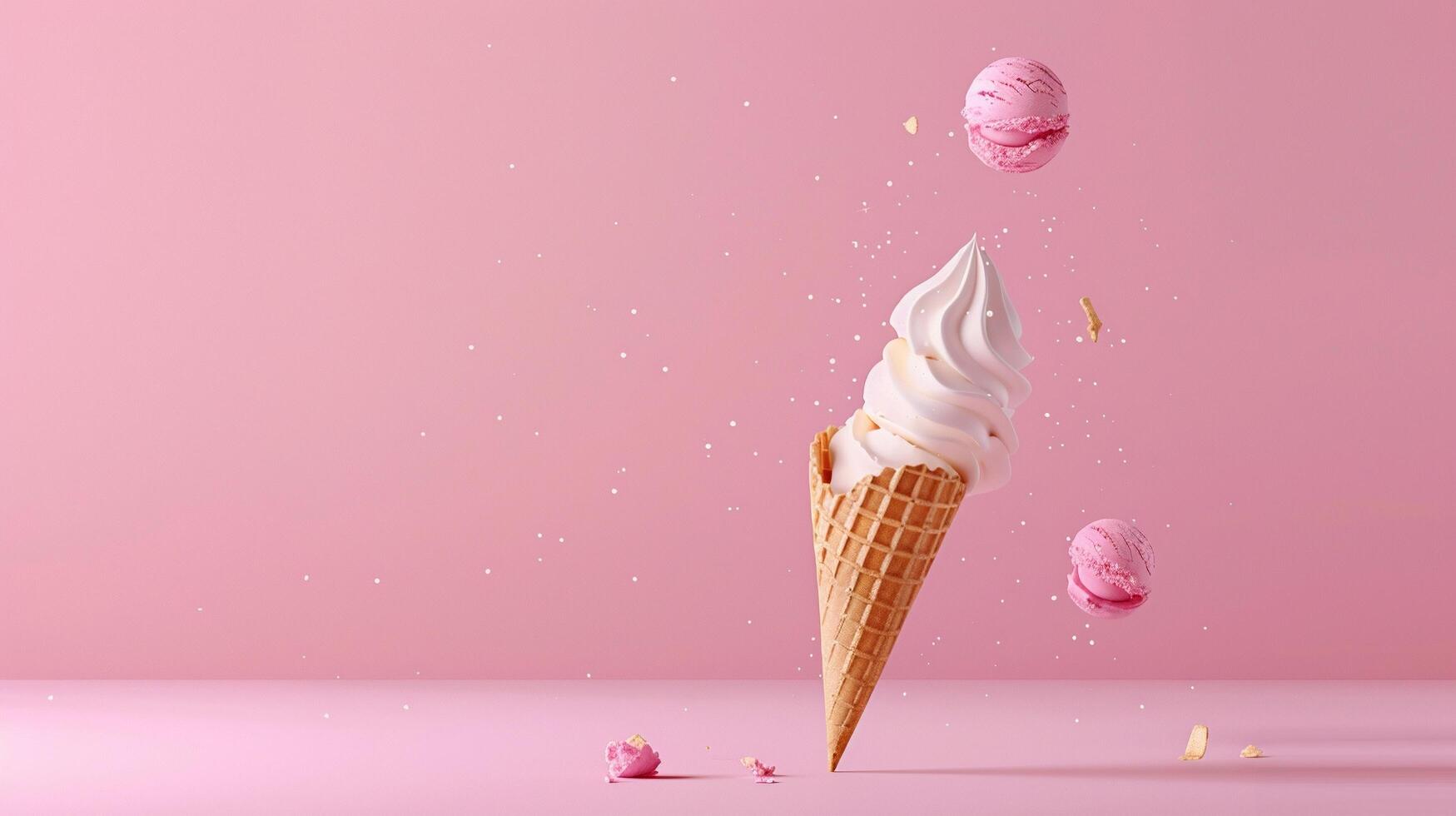 AI generated AI Generated creative flying scoop of ice cream in waffle cone on pink background. photo