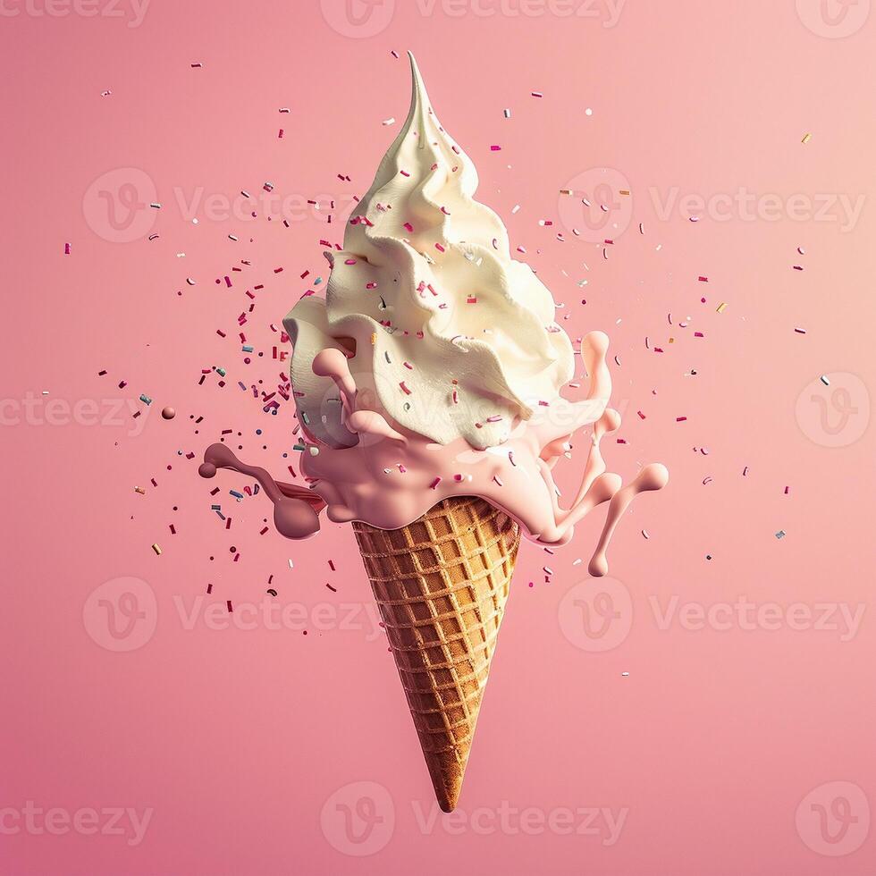 AI generated AI Generated creative flying scoop of ice cream in waffle cone on pink background. photo