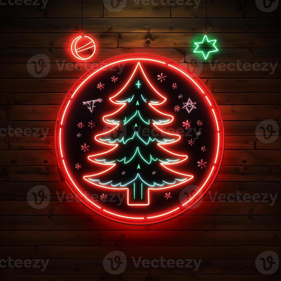 AI generated AI Generated neon Christmas tree light on the wall photo