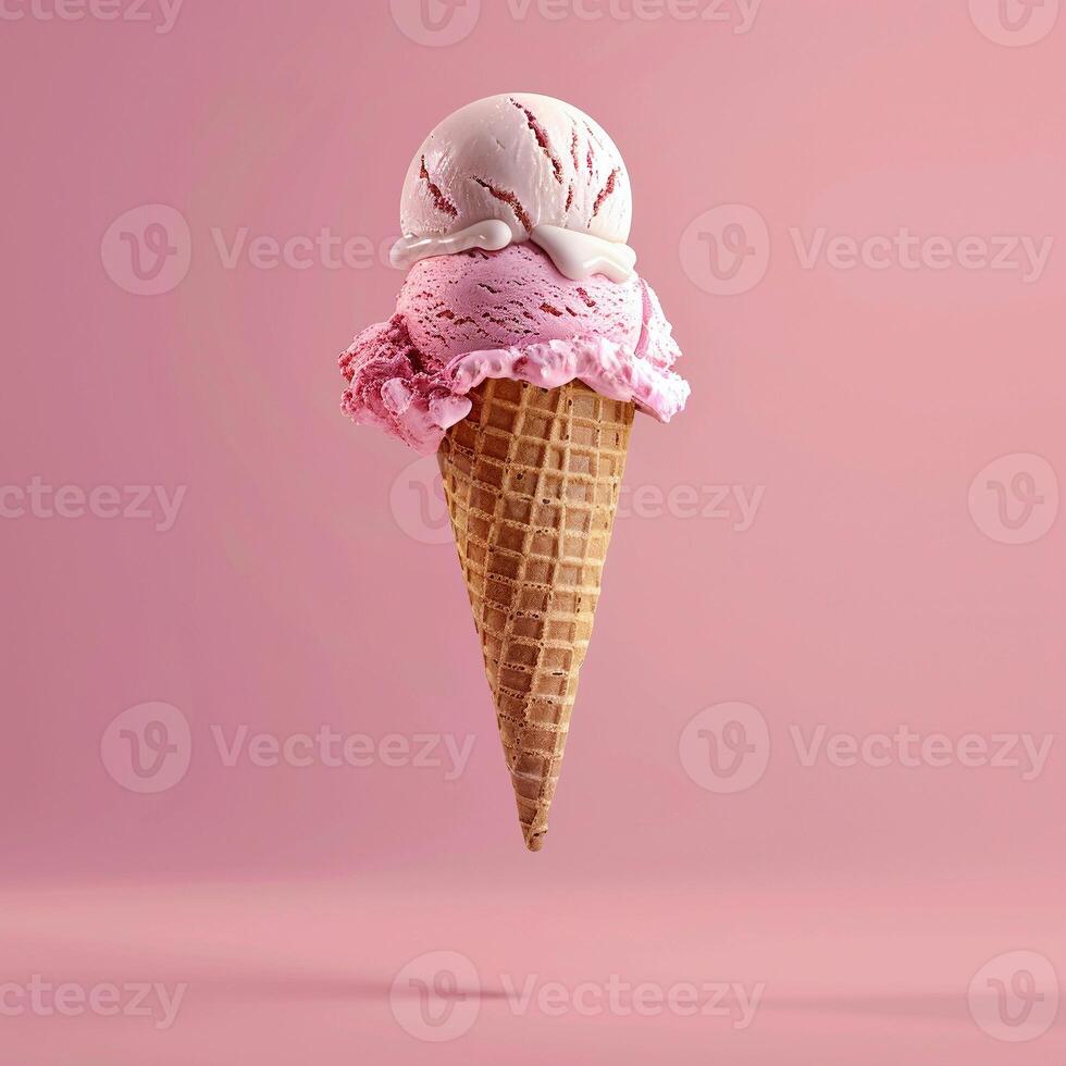 AI generated AI Generated creative flying scoop of ice cream in waffle cone on pink background. photo