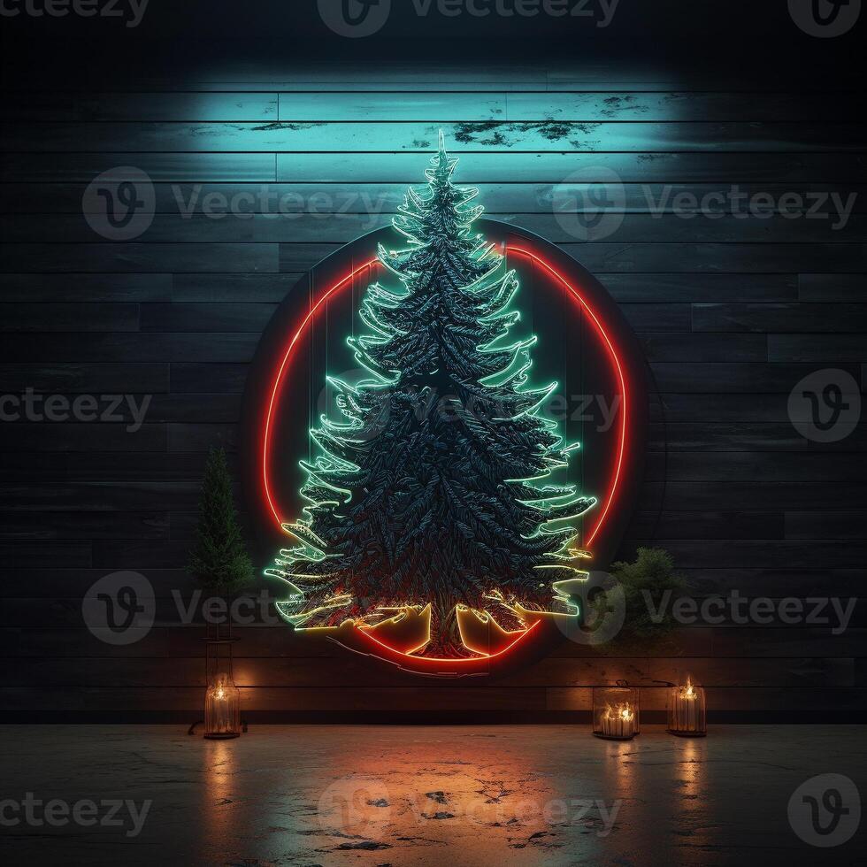 AI generated AI Generated neon Christmas tree light on the wall photo