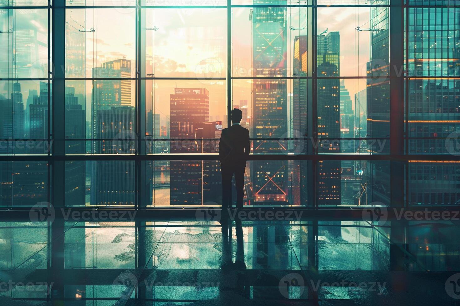 AI generated AI Generated businessman standing in office in front of a floor-to-ceiling glass window. photo