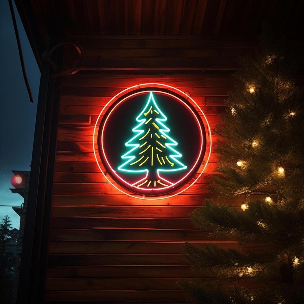 AI generated AI Generated neon Christmas tree light on the wall photo