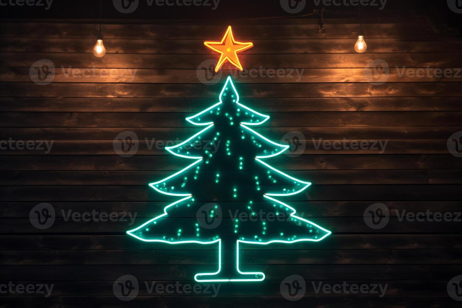 AI generated AI Generated neon Christmas tree light on the wall photo