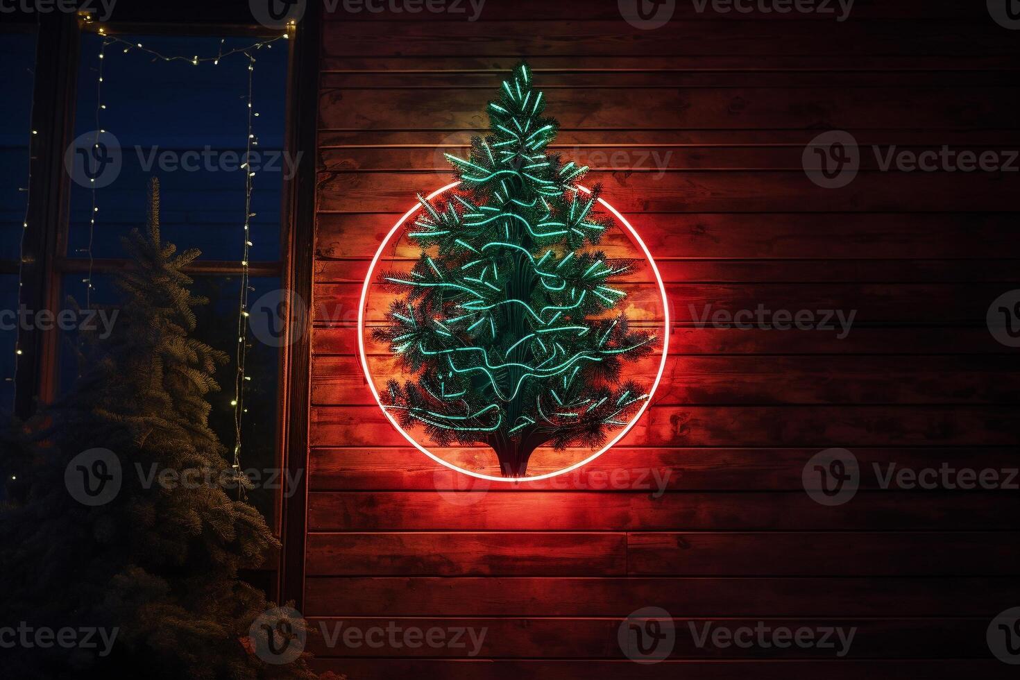 AI generated AI Generated neon Christmas tree light on the wall photo