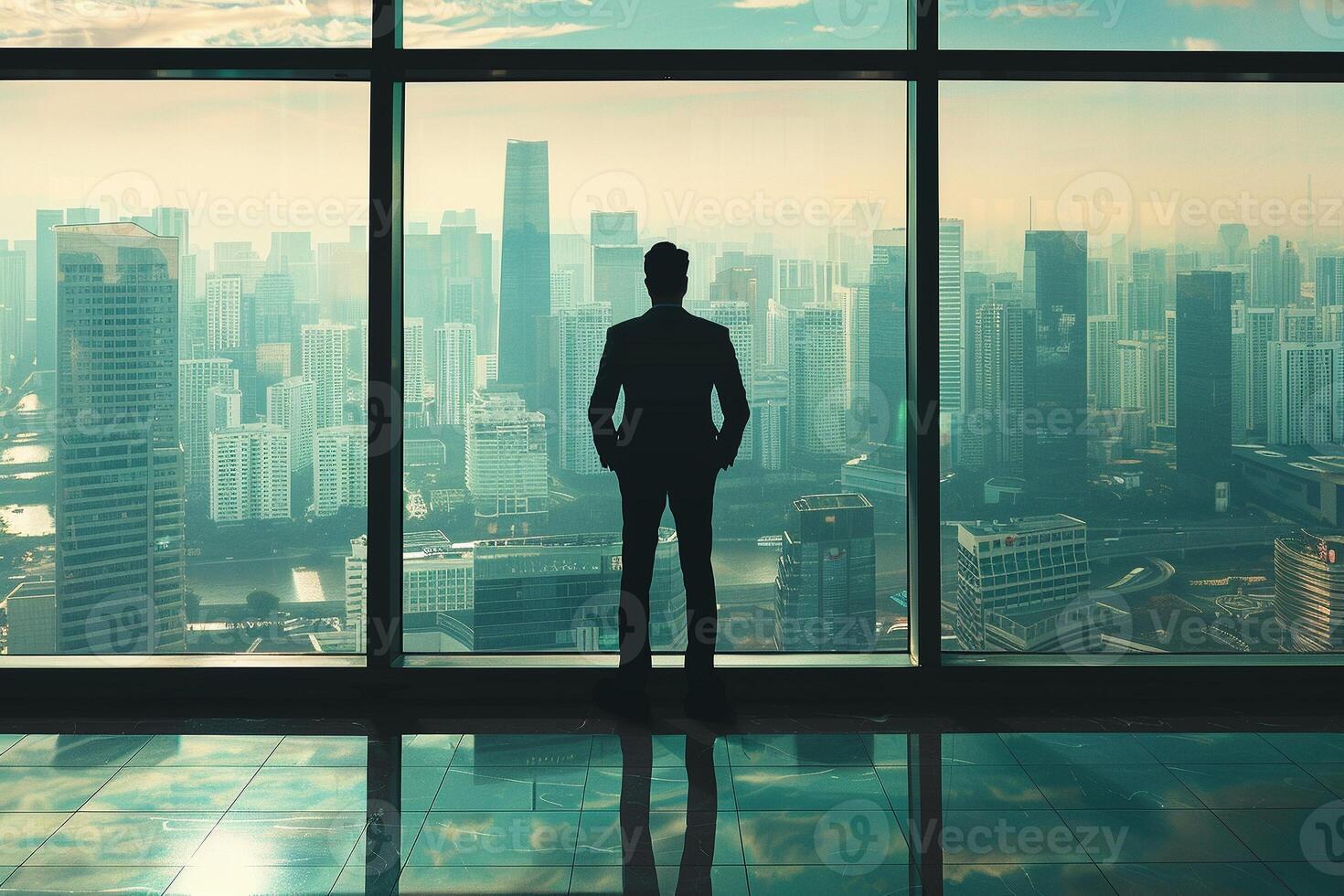 AI generated AI Generated businessman standing in office in front of a floor-to-ceiling glass window. photo