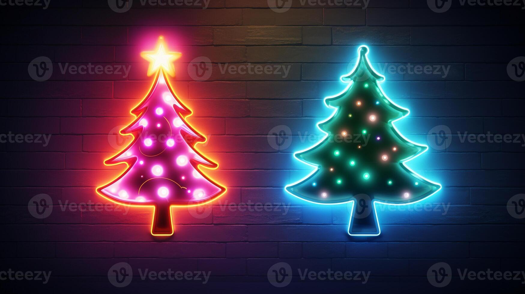 AI generated AI Generated neon Christmas tree light on the wall photo