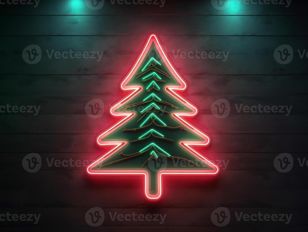 AI generated AI Generated neon Christmas tree light on the wall photo