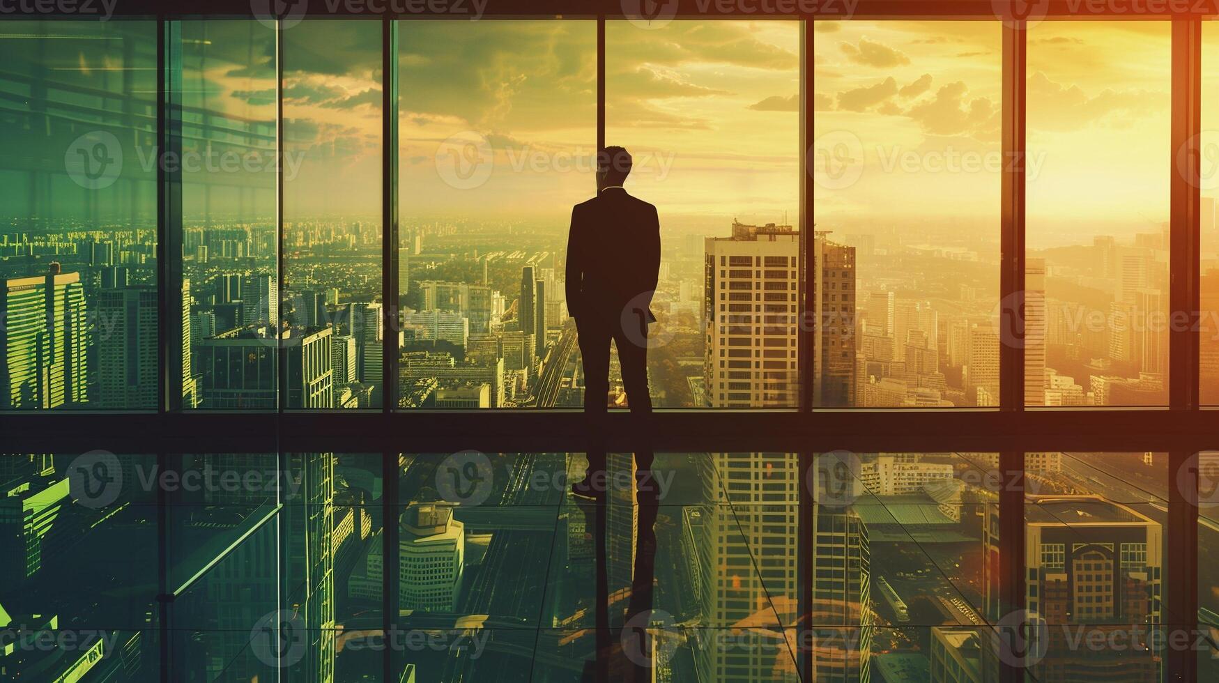 AI generated AI Generated businessman standing in office in front of a floor-to-ceiling glass window. photo