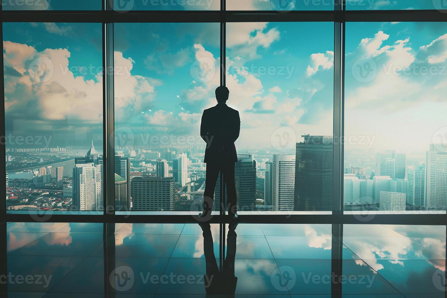 AI generated AI Generated businessman standing in office in front of a floor-to-ceiling glass window. photo