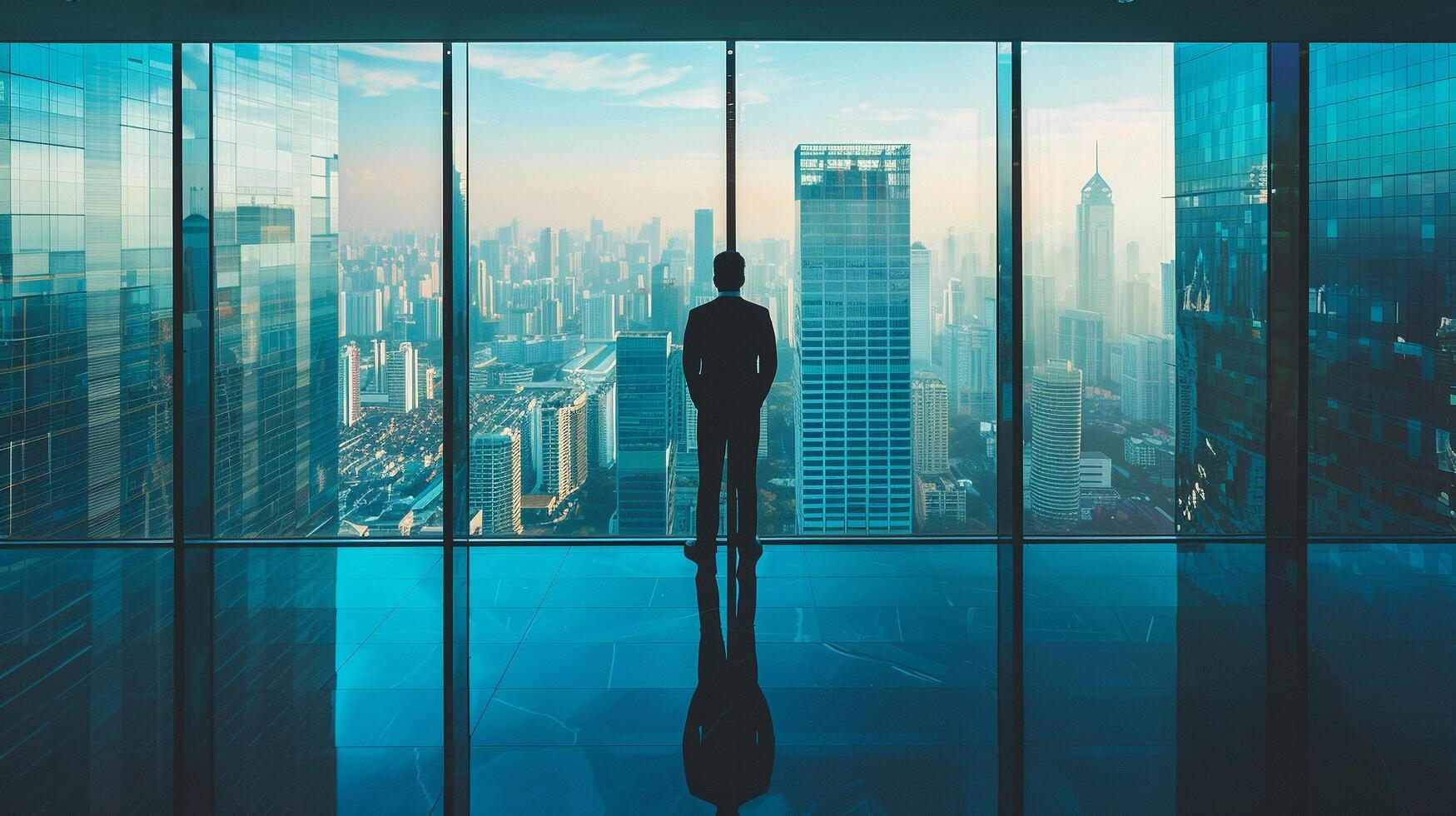 AI generated AI Generated businessman standing in office in front of a floor-to-ceiling glass window. photo