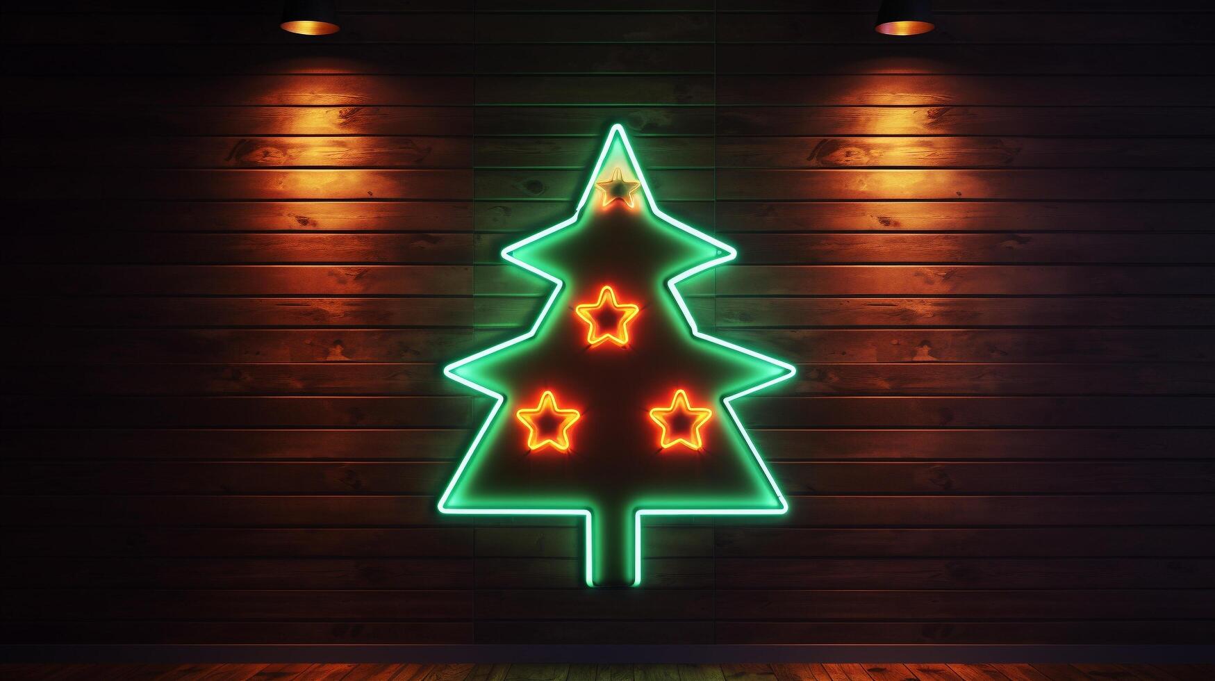 AI generated AI Generated neon Christmas tree light on the wall photo