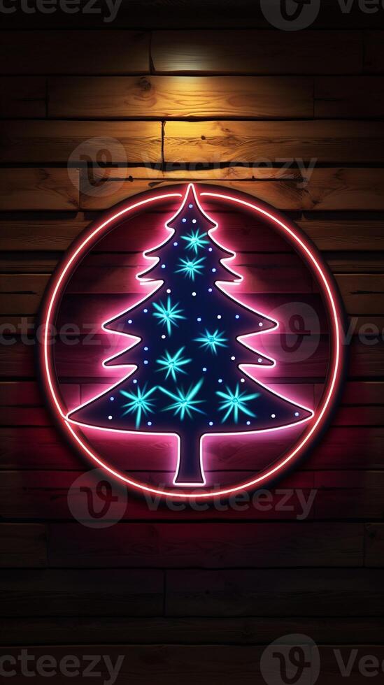 AI generated AI Generated neon Christmas tree light on the wall photo