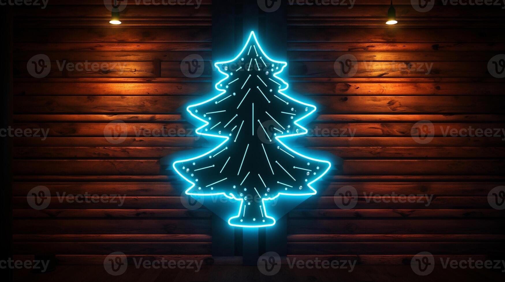 AI generated AI Generated neon Christmas tree light on the wall photo