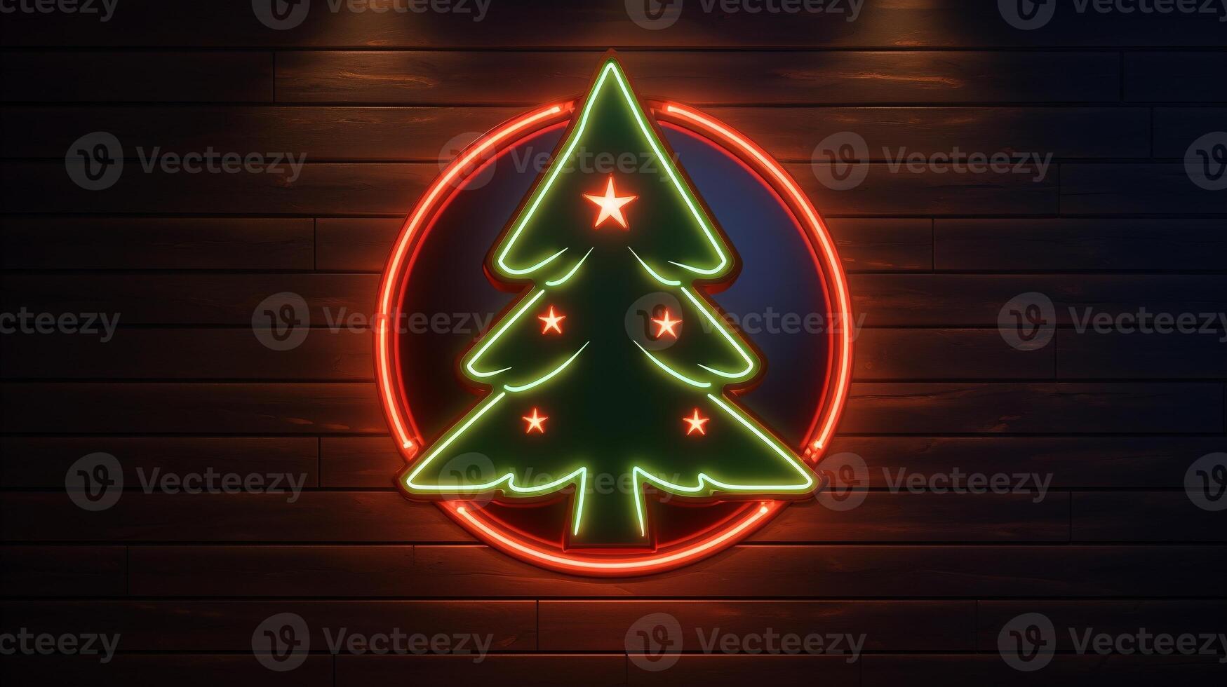 AI generated AI Generated neon Christmas tree light on the wall photo