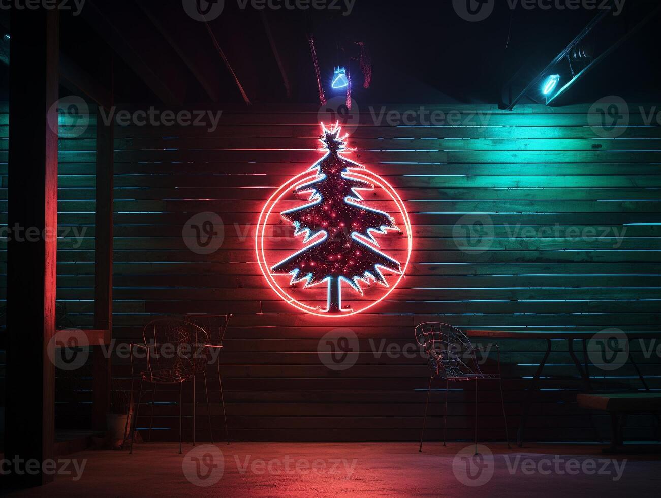 AI generated AI Generated neon Christmas tree light on the wall photo