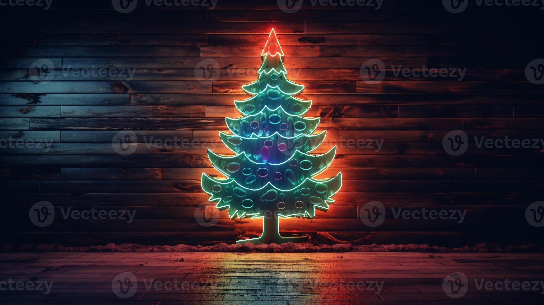 AI generated AI Generated neon Christmas tree light on the wall photo