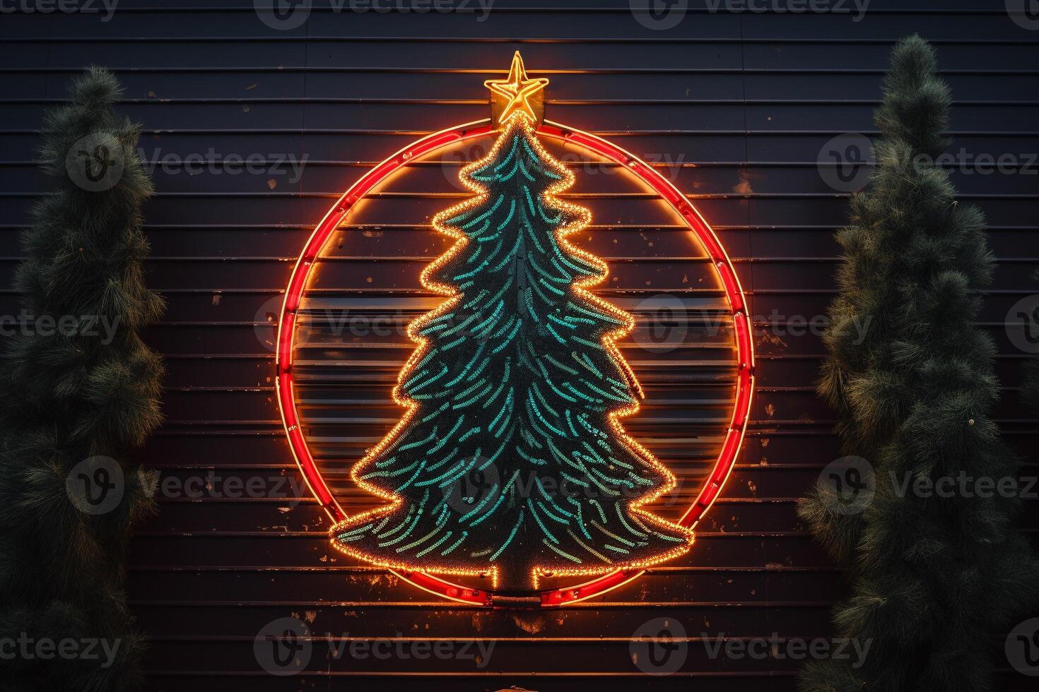 AI generated AI Generated neon Christmas tree light on the wall photo