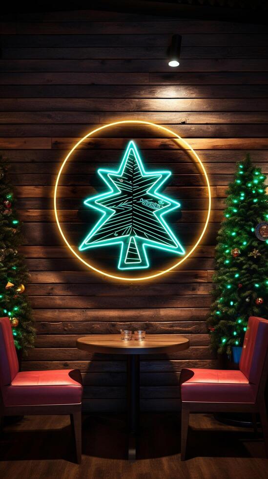 AI generated AI Generated neon Christmas tree light on the wall photo