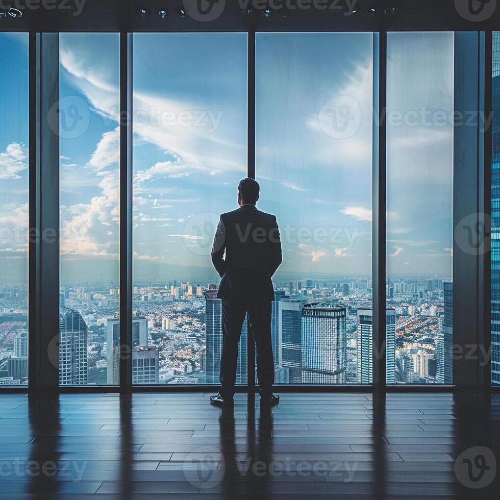 AI generated AI Generated businessman standing in office in front of a floor-to-ceiling glass window. photo