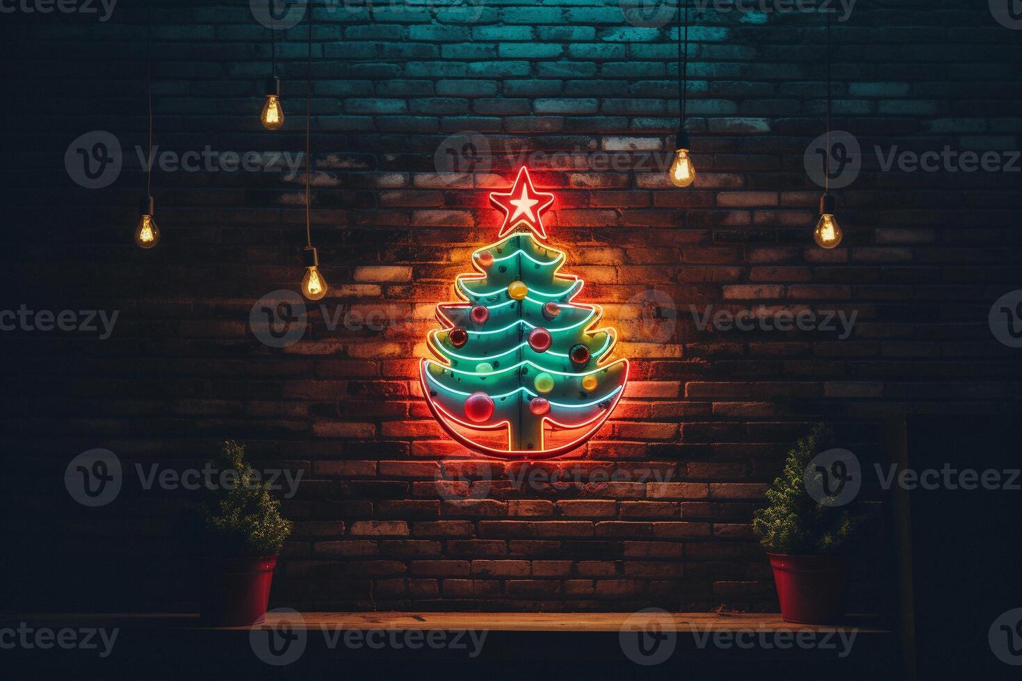 AI generated AI Generated neon Christmas tree light on the wall photo
