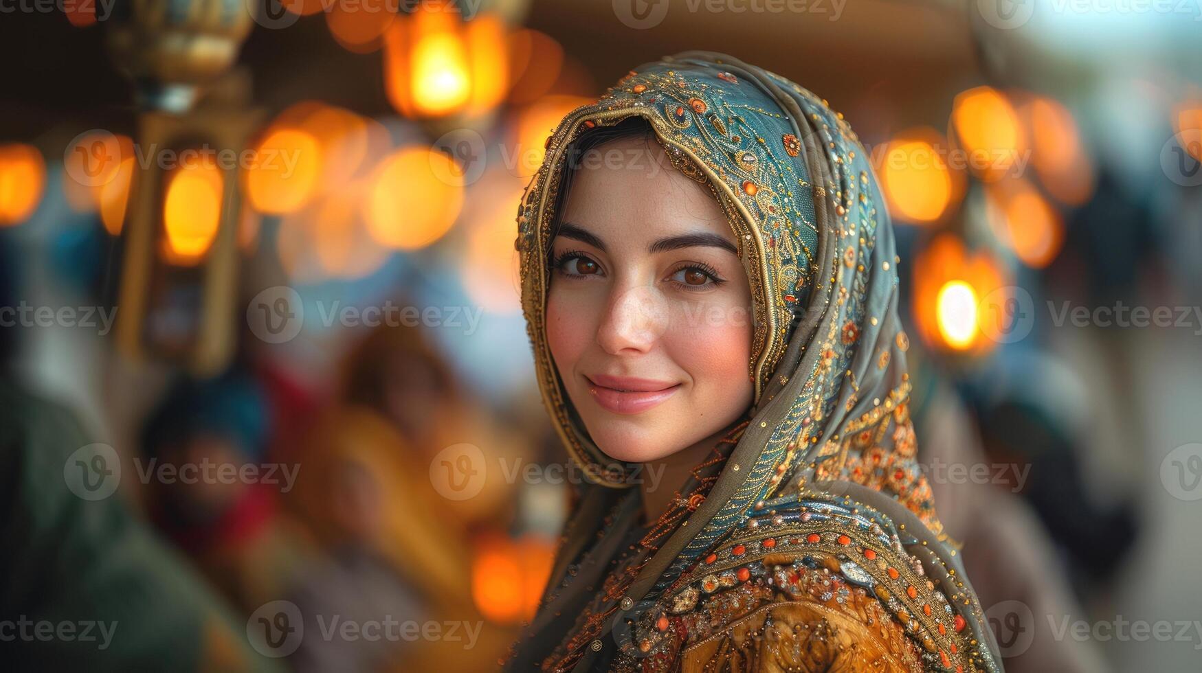 AI generated Ai Generative photo of a happy muslim woman with ramadan lanterns in streets
