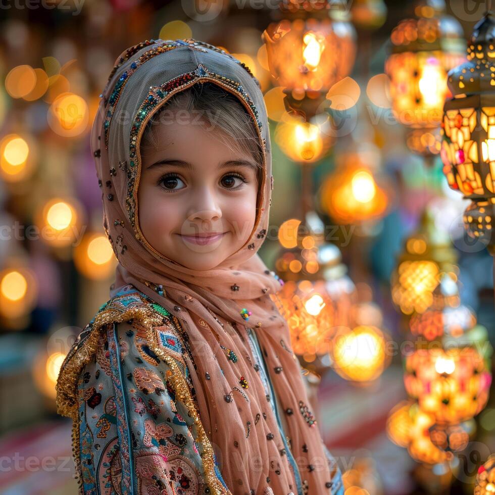 ai generado ai generativo foto de un contento musulmán niña con Ramadán linternas en calles